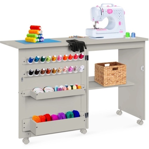 Folding Sewing Table Multipurpose Craft Station & Side Table w/ Wheels  - Lot 360