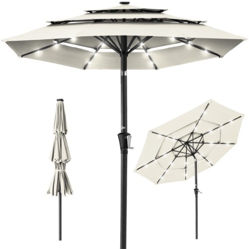 3-Tier Solar Patio Umbrella w/ LED Lights, Tilt Adjustment, Crank - 10ft  - Lot 311