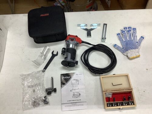 AVID POWER 6.5 Amp 1.25 HP Compact Fixed Base Wood Router with Trim Router Bits, 6 Variable Speeds, Edge Guide, Roller Guide and Dust Hood  - Lot 213