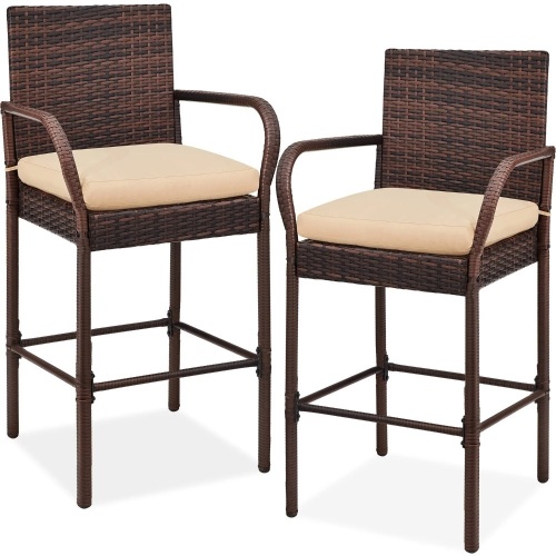 Set of 2 Indoor Outdoor Wicker Bar Stools w/ Cushion, Footrests, Armrests - Lot 6798