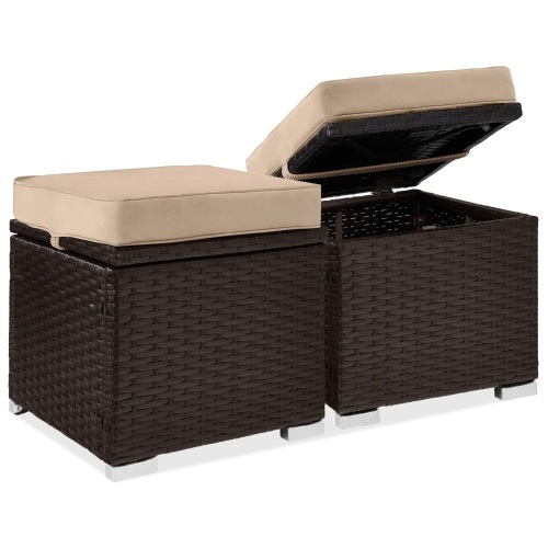 Set of 2 Wicker Ottomans, Multipurpose w/ Removable Cushions, Steel Frame - Lot 7525