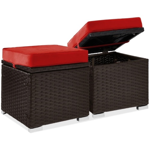 Set of 2 Wicker Ottomans, Multipurpose w/ Removable Cushions, Steel Frame - Lot 7548