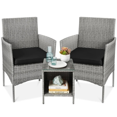 3-Piece Outdoor Patio Wicker Bistro Set w/ Side Storage Table - Lot 7604