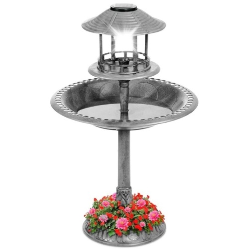 Solar Lighted Outdoor Pedestal Bird Bath w/ Planter, Decorative Bird Cage - Lot 7652