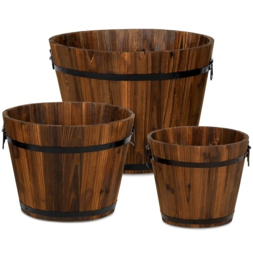 Set of 3 Rustic Wood Bucket Barrel Garden Planters Set w/ Drainage Holes - Lot 5916