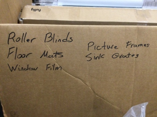 Mystery Box Roller Blinds , Floor Mats, Window Film, Picture Frames, and Sink Grates - Lot 8
