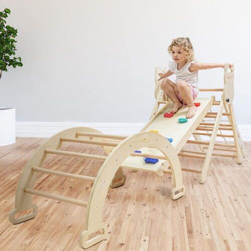 BABY K Montessori Pikler Triangle with Climbing Rock Wall, Slide, Arch & Net - Lot 11
