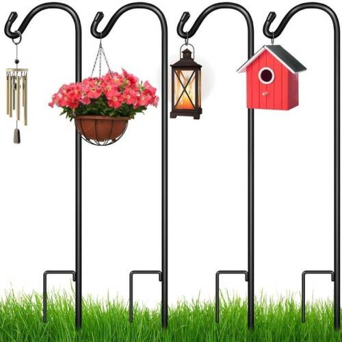 Set of 4 Shepherd Hooks Outdoor Garden Hooks w/ 2-Prong Base - 65in  - Lot 281