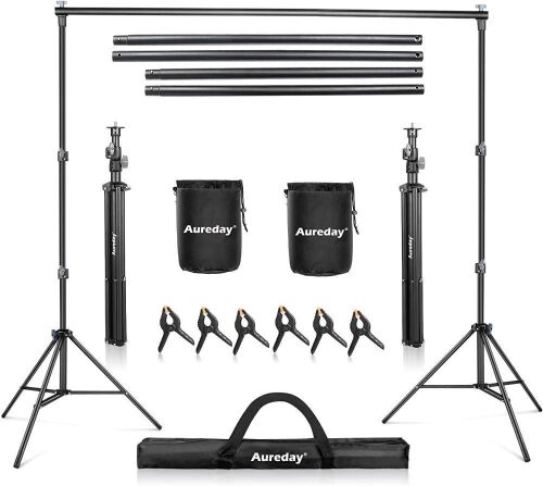Aureday 7x10Ft Adjustable Photo Backdrop Stand Kit with 4 Crossbars, 6 Background Clamps, 2 Sandbags, and Carrying Bag  - Lot 344