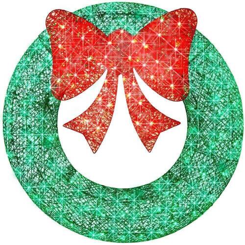 Pre-Lit Outdoor Christmas Wreath, LED Metal Holiday Decor w/ Bow - 48in  - Lot 485