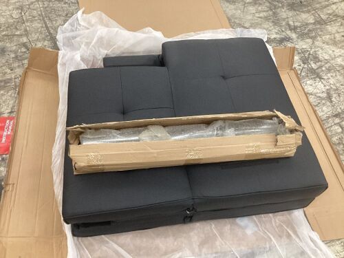 Faux Leather Upholstered Convertible Sofa Bed Futon w/ 2 Cupholders - Unknown if Hardware Complete - Lot 443