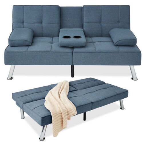 Linen Upholstered Convertible Sofa Bed Futon w/ 2 Cupholders  - Lot 277