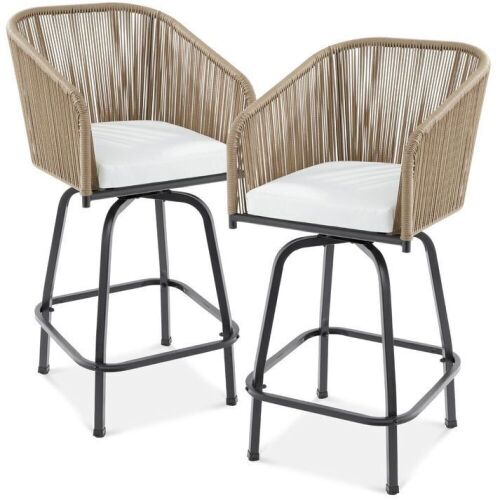 Set of 2 Woven Wicker Swivel Barstools w/ 360 Rotation, Steel Frame  - Lot 20