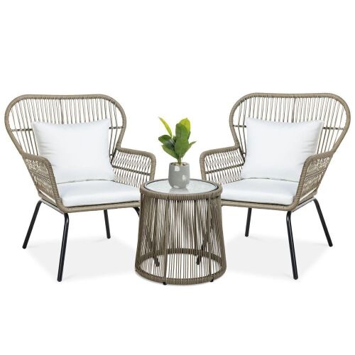 3-Piece Patio Wicker Conversation Bistro Set w/ 2 Chairs, Glass Top Table - Lot 70