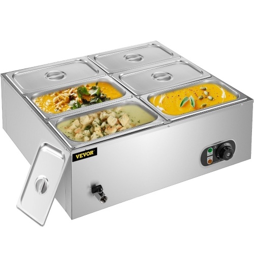 VEVOR 110V 6-Pan Commercial Food Warmer, 1200W Electric Steam Table 6inch Deep, 32 Quart Capacity  - Lot 65
