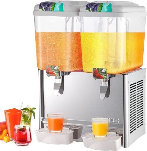 VEVOR 110V Commercial Cold Beverage Dispenser Machine 9.5 Gallon 2 Tanks 300W Stainless Steel - Gets Cool, Paddles Turn - Lot 39