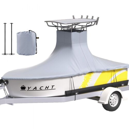 VEVOR T-Top Boat Cover, Fit for 22'-24' Boat, Heavy Duty 600D Marine Grade Oxford Hard Top Cover, UV Resistant Waterproof Center Console Boat Cover w/ 2 Support Poles and 7 Wind-Proof Straps, Gray - Lot 351