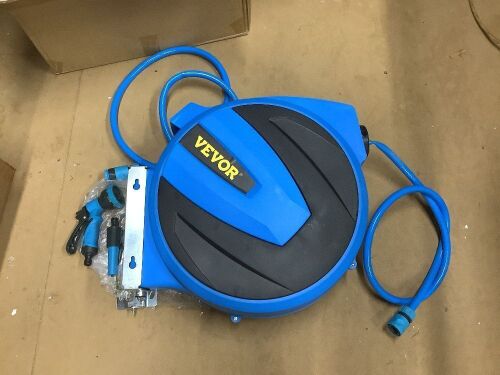 VEVOR Retractable Hose Reel, 1/2 inch x 100 ft, Any Length Lock & Automatic Rewind Water Hose, Wall Mounted Garden Hose Reel With 180° Swivel Bracket and 8 Pattern Hose Nozzle, Blue - Lot 375