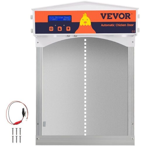 VEVOR Gray Automatic Chicken Coop Door, Auto Close, Gear Lifter Galvanized Poultry Gate with Evening and Morning Delayed Opening Timer & Light Sensor, Battery Powered LCD Screen - Lot 768