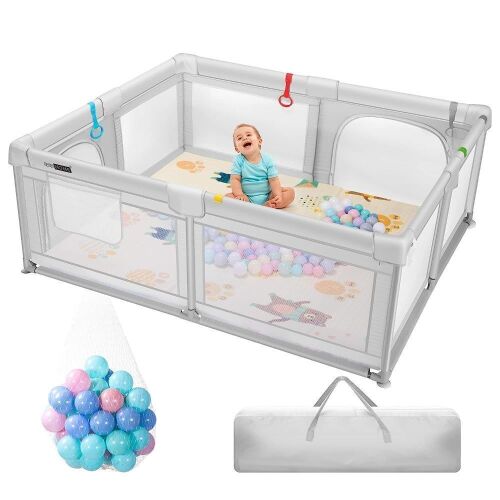 VIVOHOME Large Baby Playpen with Mat, Ocean Balls, Net Basket and Pull Rings, Light Gray  - Lot 751