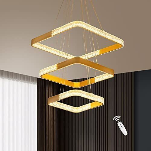 DEXULESA Modern LED Chandeliers Ceiling Light Fixture 3 Square Acrylic Shade with Remote Control - Lot 729