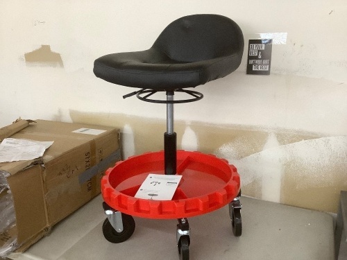 VEVOR Rolling Garage Stool, Adjustable Height, 16x14 Comfort Cushion, Parts Tray, All-Terrain 5'" Casters with Two Brakes - Missing 1 Hyloc Nut & 4 Screws  - Lot 580