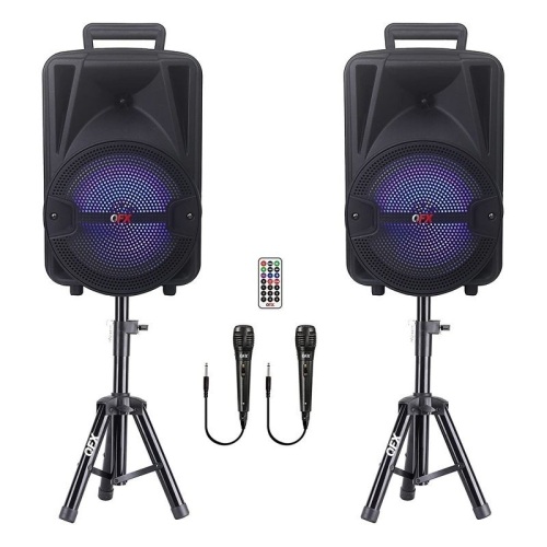 QFX TWS Bluetooth Stereo PA System with 2 8" Speakers, 2 Microphones, 2 Stands, and a Remote Control   - Lot 626