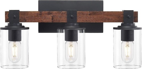 DUJAHMLAND Farmhouse Vanity Light Fixture with Clear Glass Shade, Antique Wood, 3-Light   - Lot 636