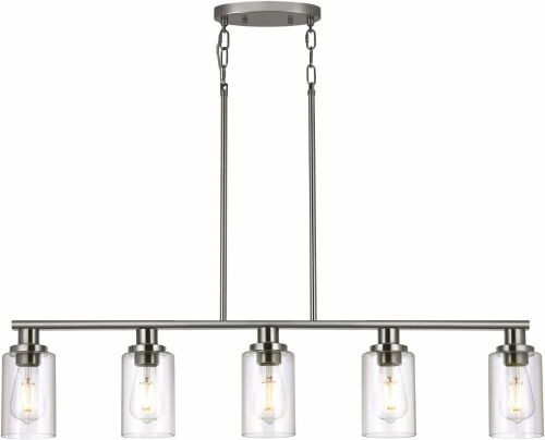 KPIOK Kitchen Island 5-Light Pendant Light Fixture, Brushed Nickel Finish with Clear Glass Shades - Lot 111