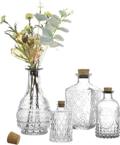 Embossed Apothecary Style Flower Bud Vases with Cork Lids, Assorted Design and Sizes, Set of 4 - Lot 260
