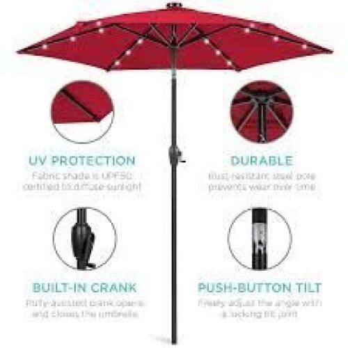 Outdoor Solar Patio Umbrella w/ Push Button Tilt, Crank Lift - 7.5ft - Lot 7965
