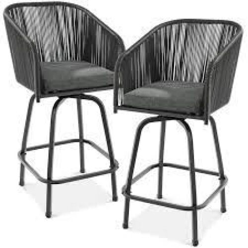 Set of 2 Woven Wicker Swivel Barstools w/ 360 Rotation, Steel Frame - Lot 7966