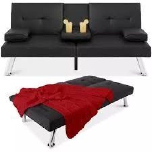 Faux Leather Upholstered Convertible Sofa Bed Futon w/ 2 Cupholders - Lot 7970