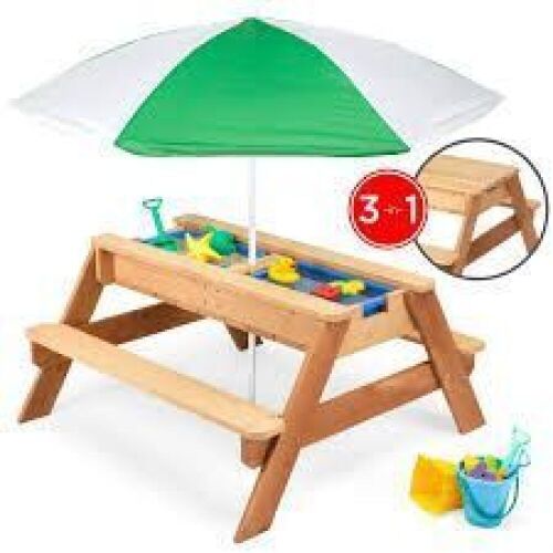 3-in-1 Kids Sand & Water Table Outdoor Wood Picnic Table w/ Umbrella - Lot 7988