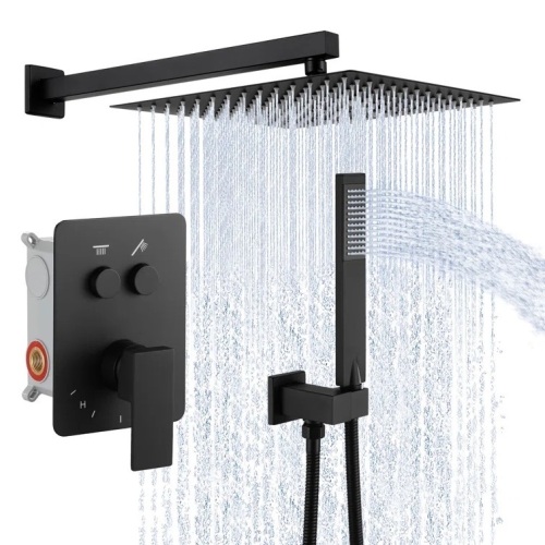 KES Complete Shower System Rough-In Valve with 12 Inches Rain Shower Head Push-Button Diverter Black - Lot 8185