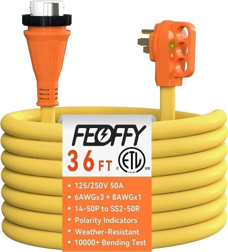 FEOFFY 50 Amp RV Generator Extension Cord LED Safe Indicators & Twist Lock 36 FT - Lot 191