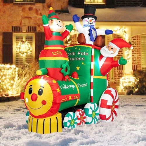 VIVOHOME 6ft Height Christmas Inflatable Santa Claus on The Train with Elf and Snowman Built-in LED Lights - Lot 561