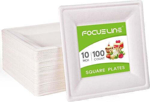 FOCUSLINE 100% Compostable 10 Inch Square Paper Plates, 100pk - Lot 563
