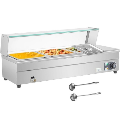 VEVOR 3-Pan Bain Marie Food Warmer 6" Deep, 1500W, 33Quart with Tempered Glass Shield, 110V  - Lot 50