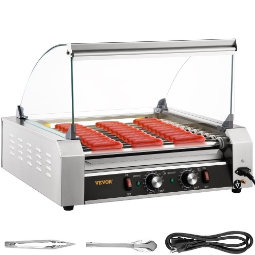 VEVOR 30 Hot Dog Capacity 11 Rollers, 1800W Stainless Steel Warmer Machine w/ Cover & Dual Temp Control, LED Light & Detachable Drip Tray - Lot 67