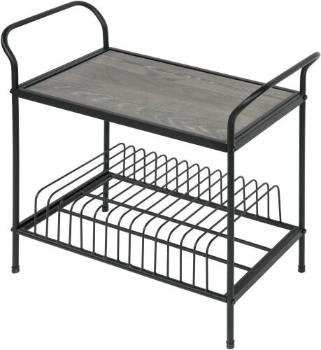 Black Metal Record Player Stand with Vintage Gray Wood Top Display Shelf and Album Sleeve Storage - Lot 270