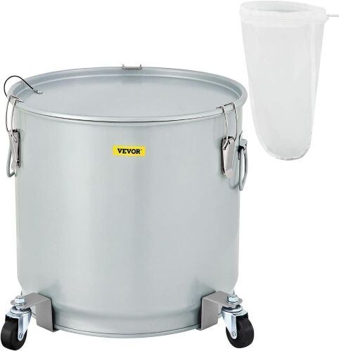 VEVOR 8Gal Coated Carbon Steel Oil Filter Pot with Caster Base, Lid Lock Clip, Nylon Filter Bag - Unknown if Hardware Complete - Lot 685