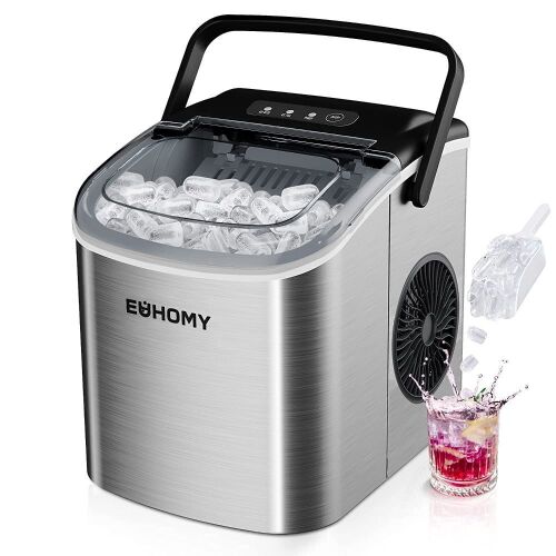 EUHOMY Countertop Ice Maker Machine with Handle, 26lbs in 24Hrs, 9 Ice Cubes Ready in 6 Mins - Lot 534