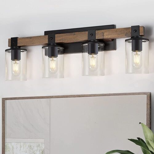 DUJAHMLAND Farmhouse Vanity Light Fixture with Clear Glass Shades, Antique Wood, 4-Light - Lot 293