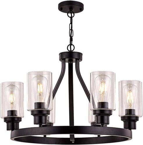 Sivilynus Farmhouse Chandelier 6 Lights Black with Glass Shade  - Lot 437