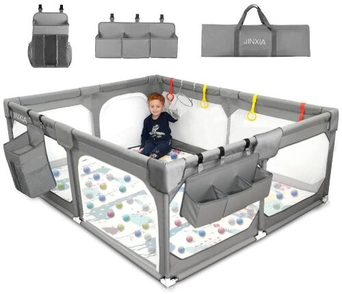 Jinxia Baby Playpen Set with Play Mat and Anti-Slip Base, Grey 75" x 59" - Lot 120