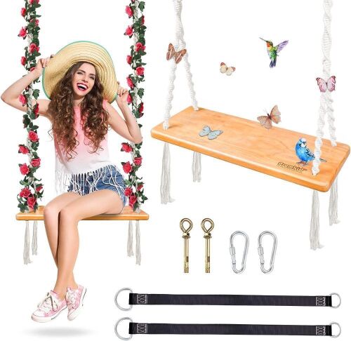 Premkid Hanging Wooden Tree Swing with Rose Garland - Lot 139