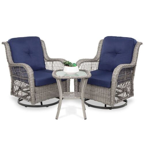 3-Piece Patio Wicker Bistro Furniture Set w/ 2 Swivel Rocking Chairs, Table  - Lot 26