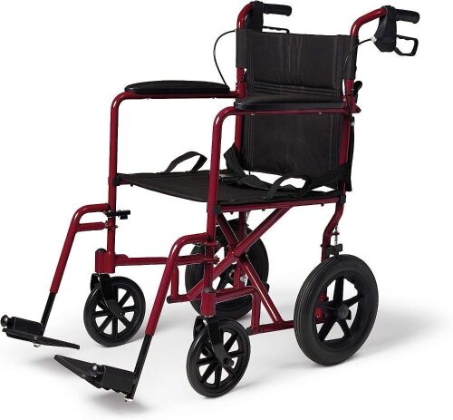Medline Lightweight Transport Wheelchair with Handbrakes, 12 inch Wheels, Red  - Lot 104