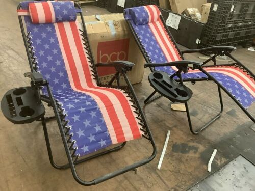 Set of 2 Adjustable Zero Gravity Patio Chair Recliners w/ Cup Holders - Small Tear Near Seam - Lot 249